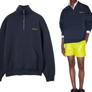 Gucci Logo Patch Knitted Scuba Embroidered Blue Half Zip Sweatshirt sz L